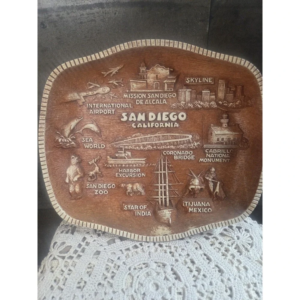 Vintage Centennial Novelty SAN DIEGO California Souvenir Faux Wood Plaque/Bowl